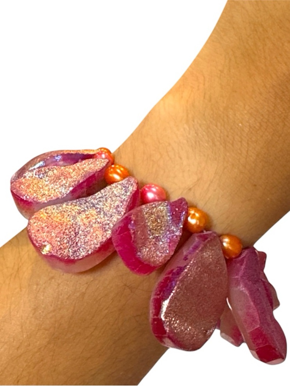 Titanium-Coated Pink Agate Pear Shaped Druzy Quartz Handmade Bracelet